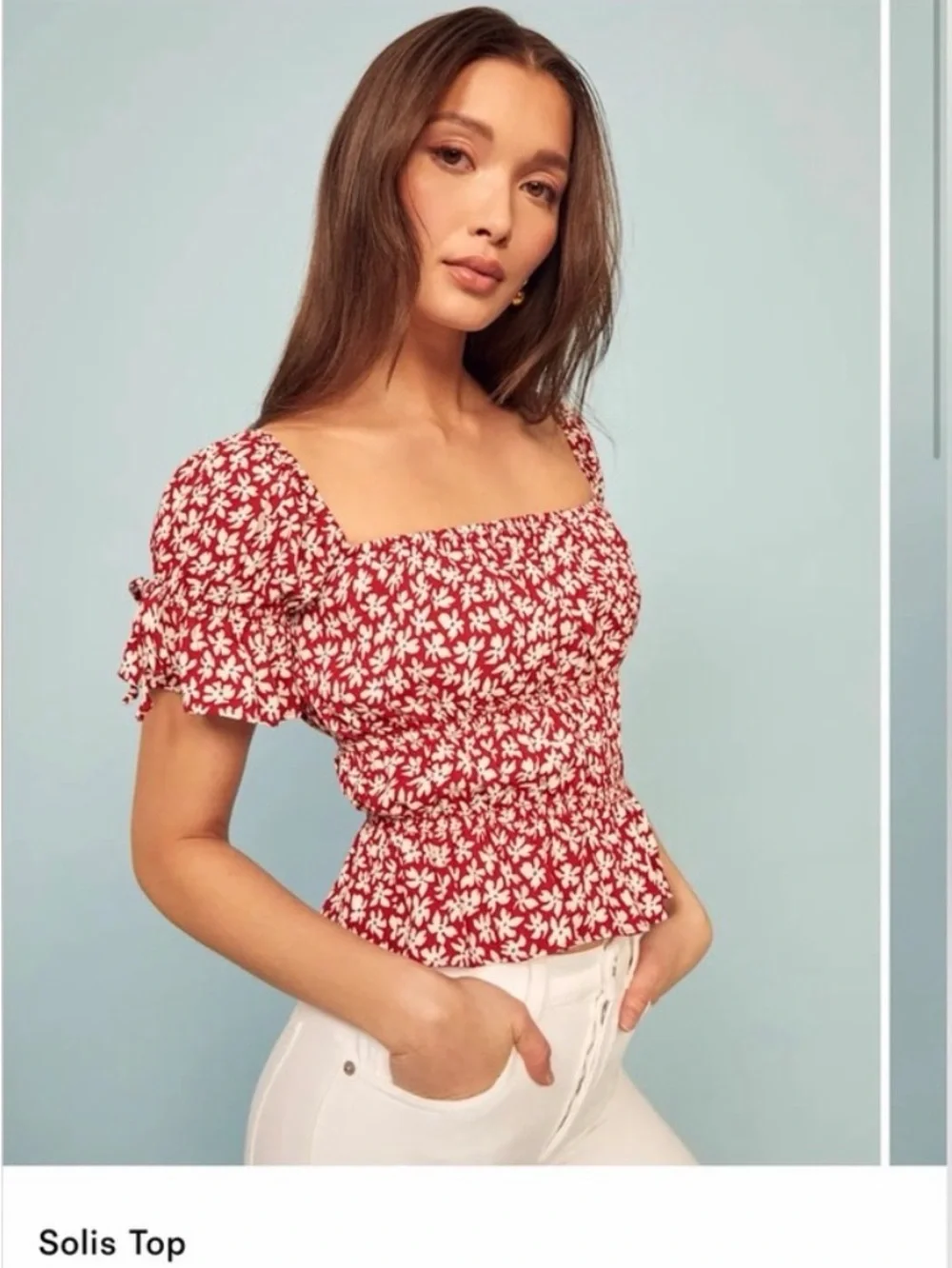 Reformation Red Floral Smocked Square-Neck Top